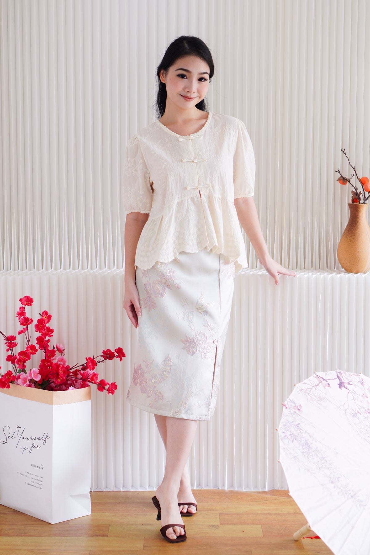 (Premium) Sui Jacquard Cheongsam Midi Skirt with Slit in Pink