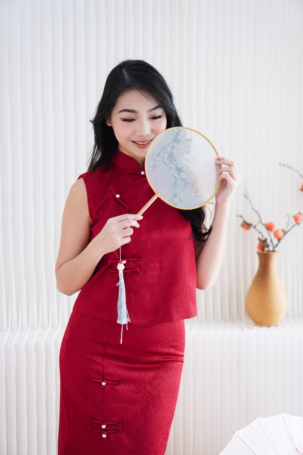 Mu Ning 2 Piece Cheongsam Skirt Set in Red