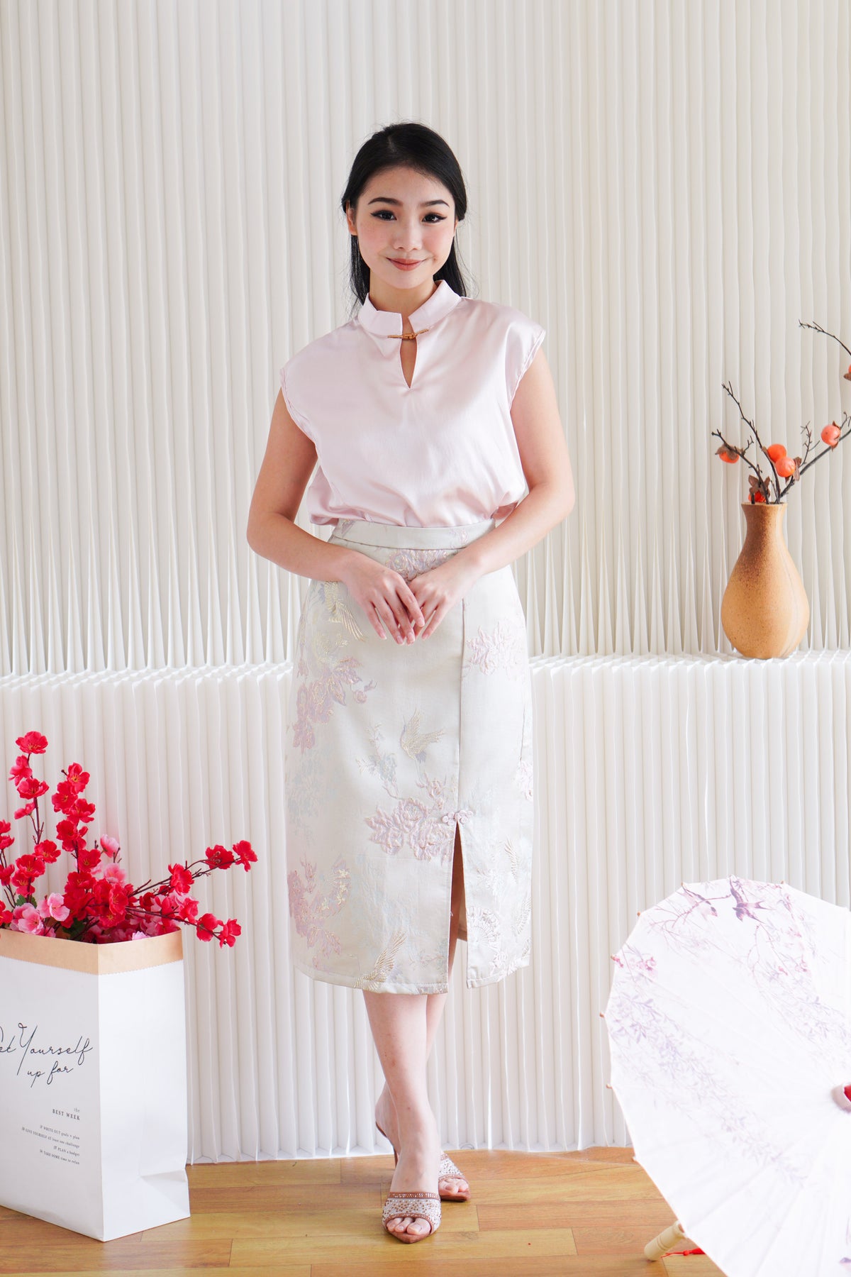 (Premium) Sui Jacquard Cheongsam Midi Skirt with Slit in Pink