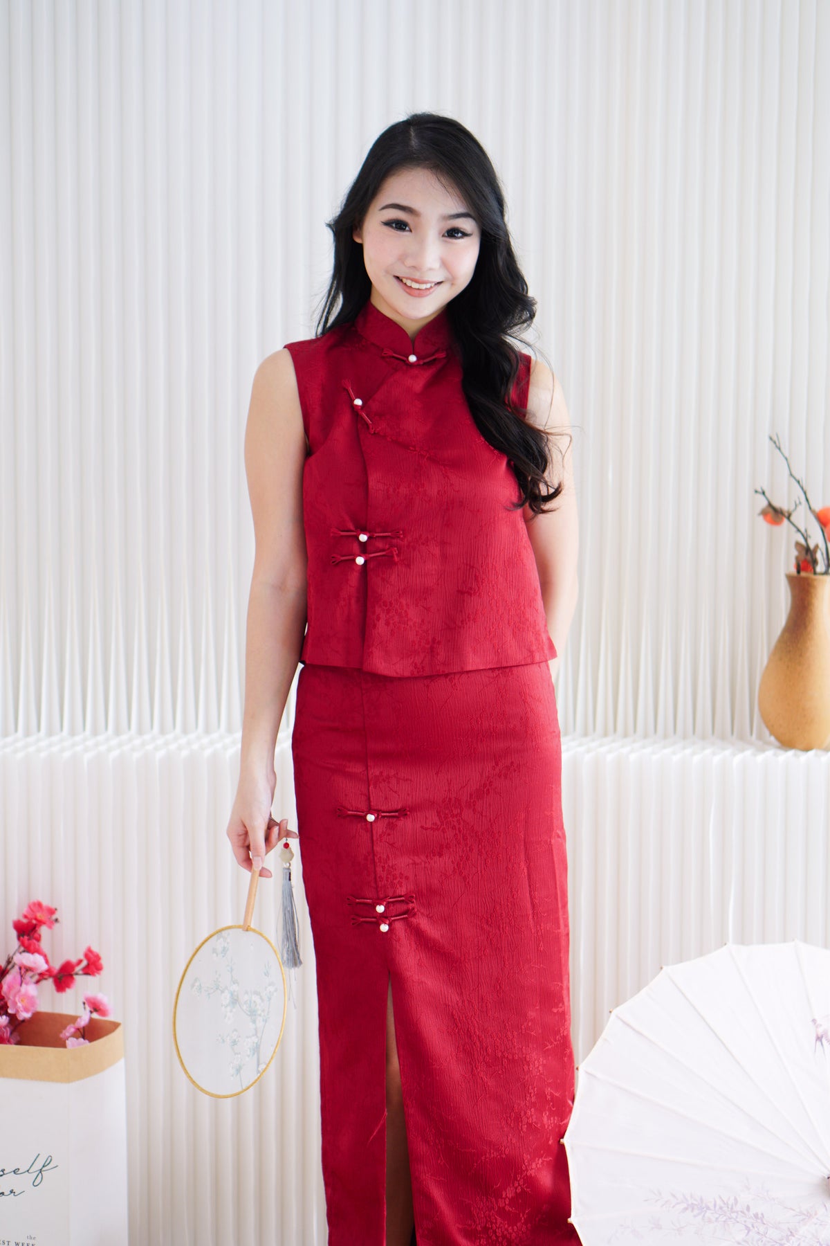 Mu Ning 2 Piece Cheongsam Skirt Set in Red