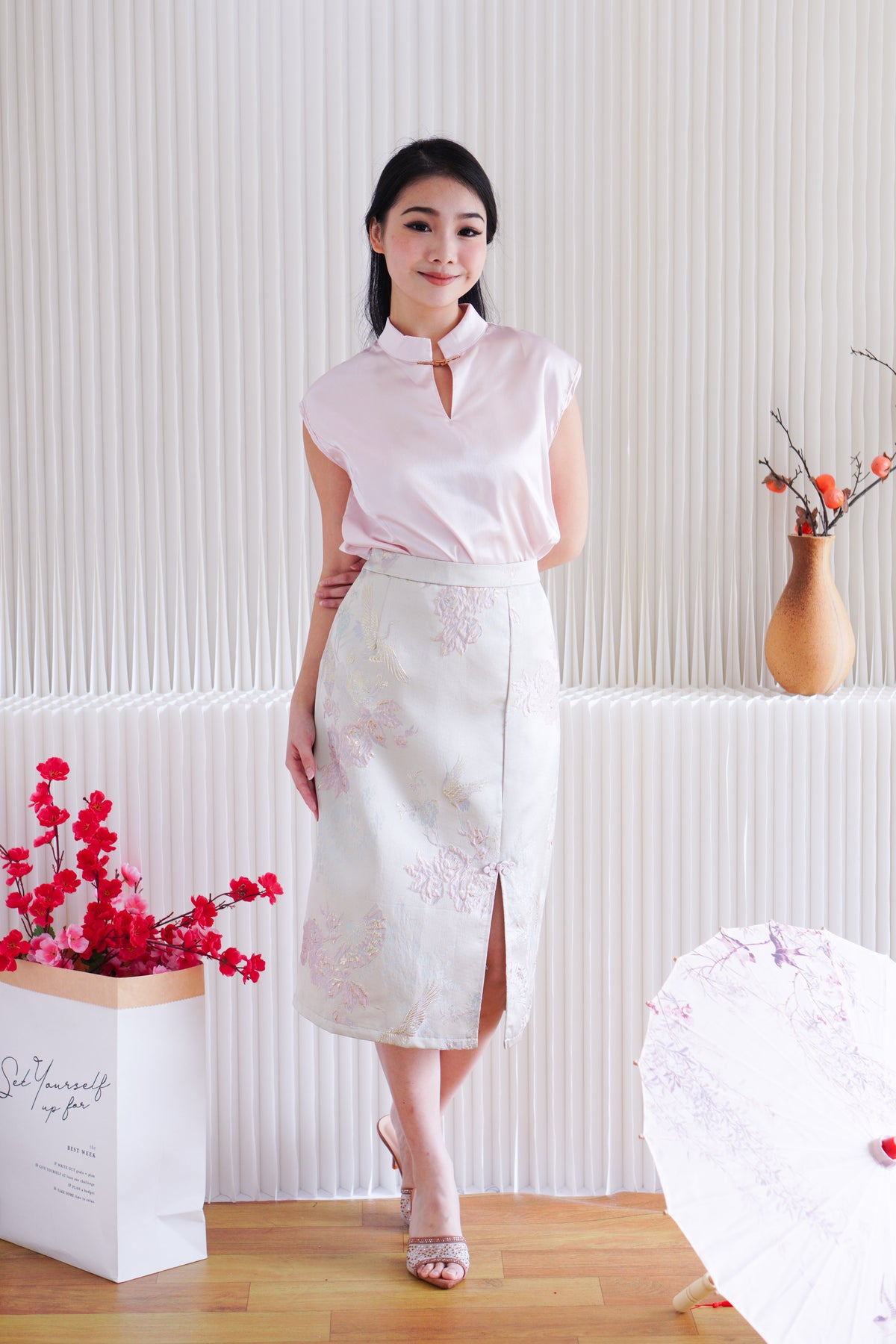 (Premium) Sui Jacquard Cheongsam Midi Skirt with Slit in Pink