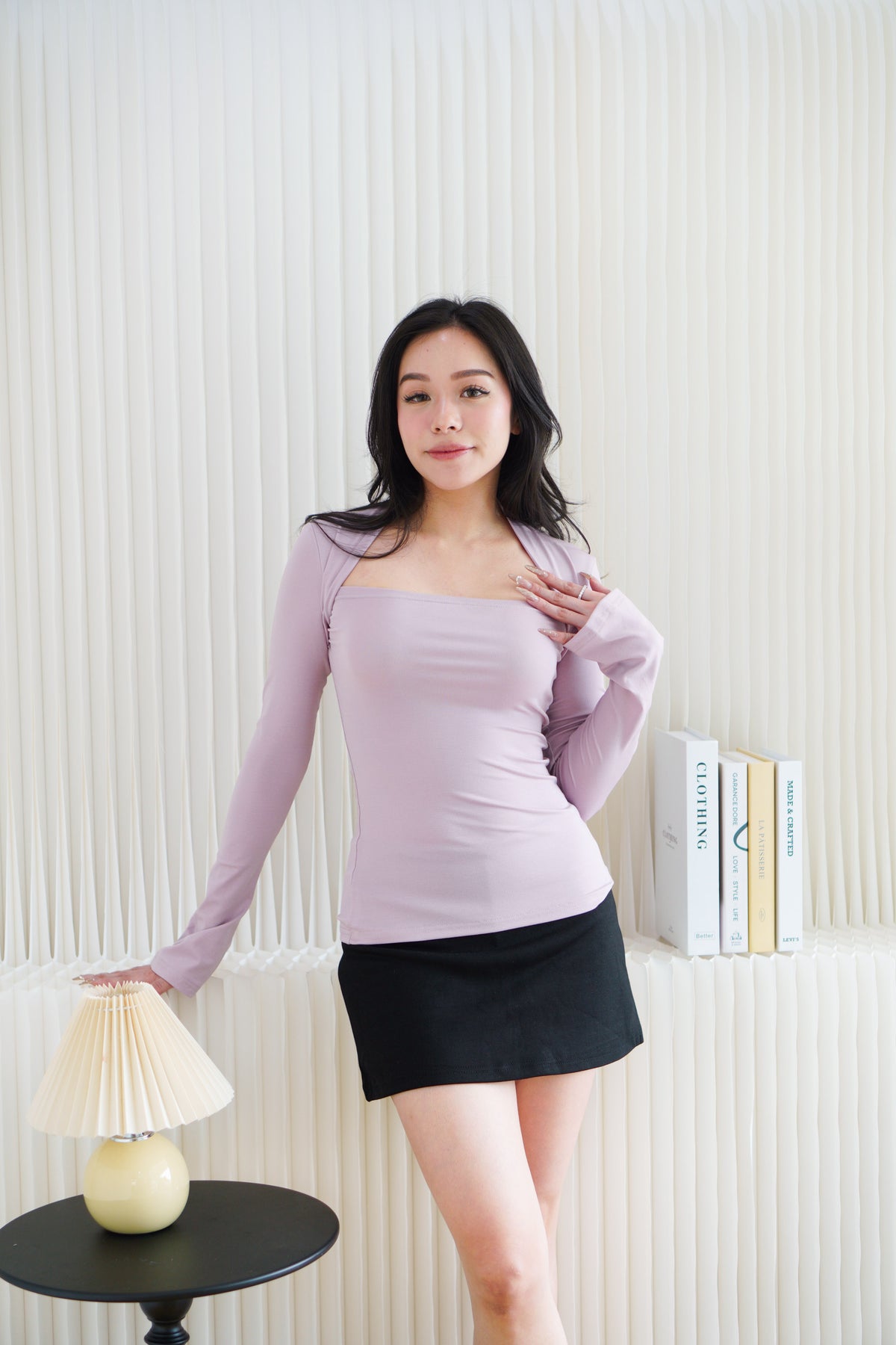 Kova Queen Anne Neckline Long Sleeve Top in Purple