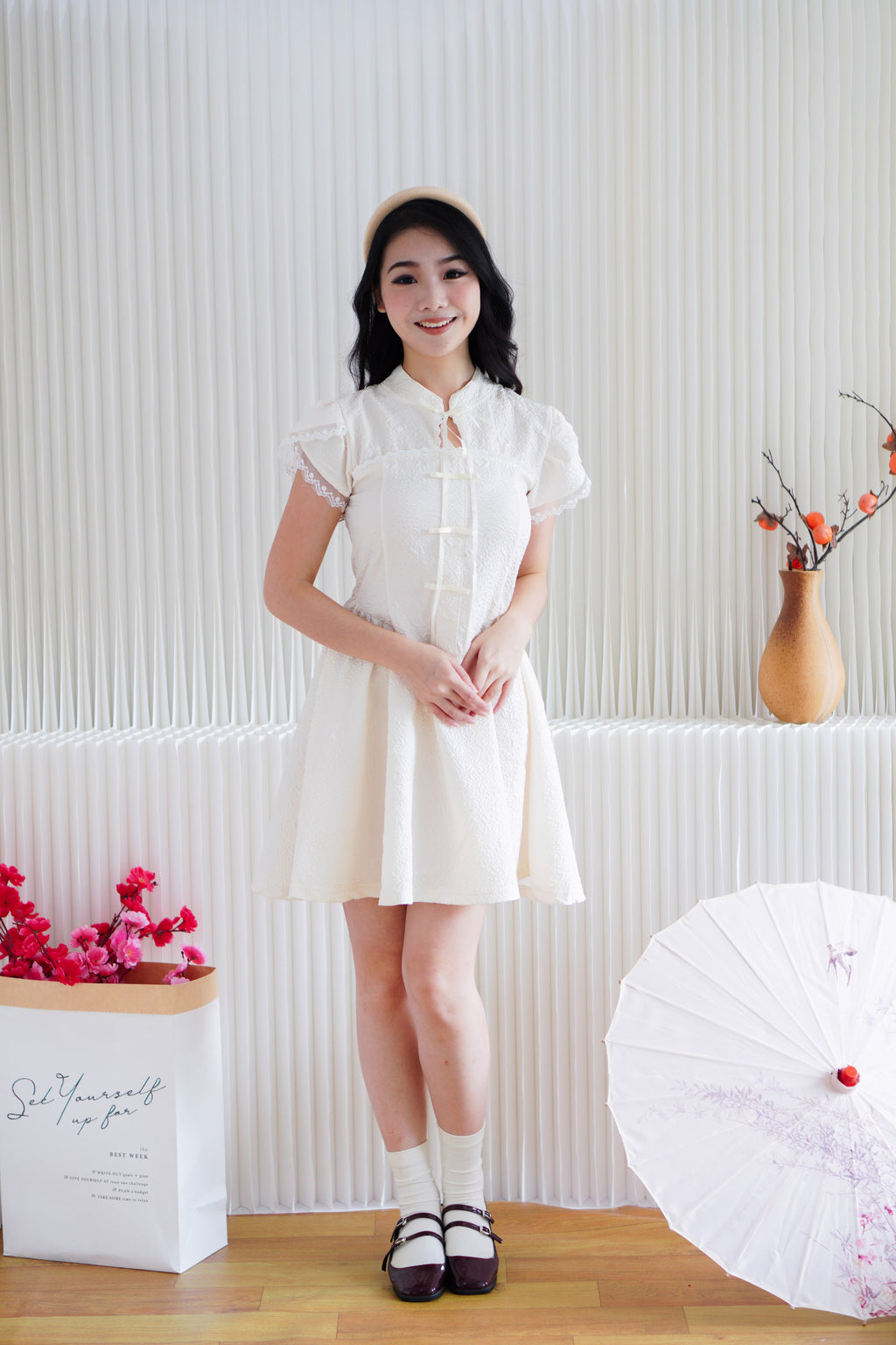 Kai Le Modern Cheongsam A-Line Mini Dress in Cream