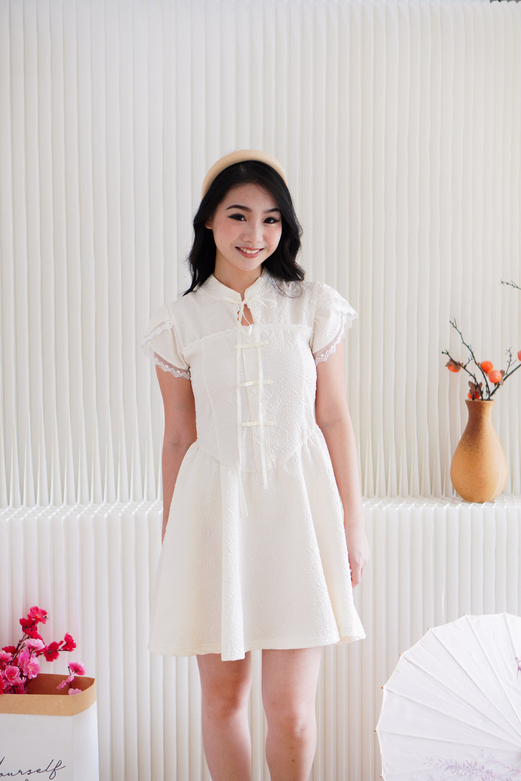 Kai Le Modern Cheongsam A-Line Mini Dress in Cream