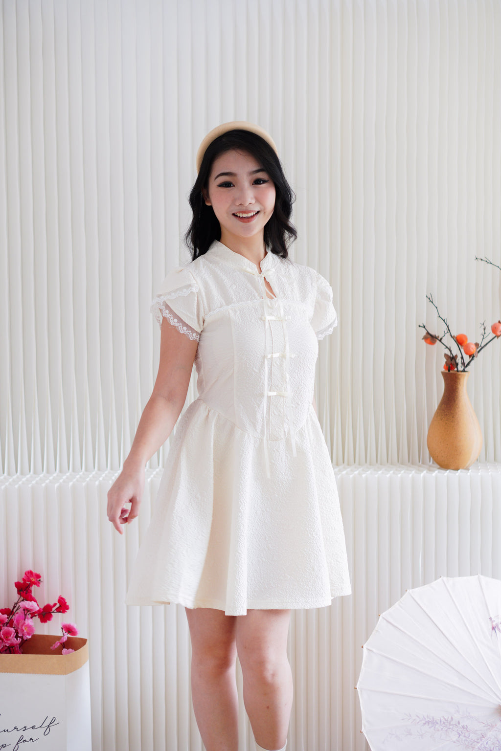Kai Le Modern Cheongsam A-Line Mini Dress in Cream