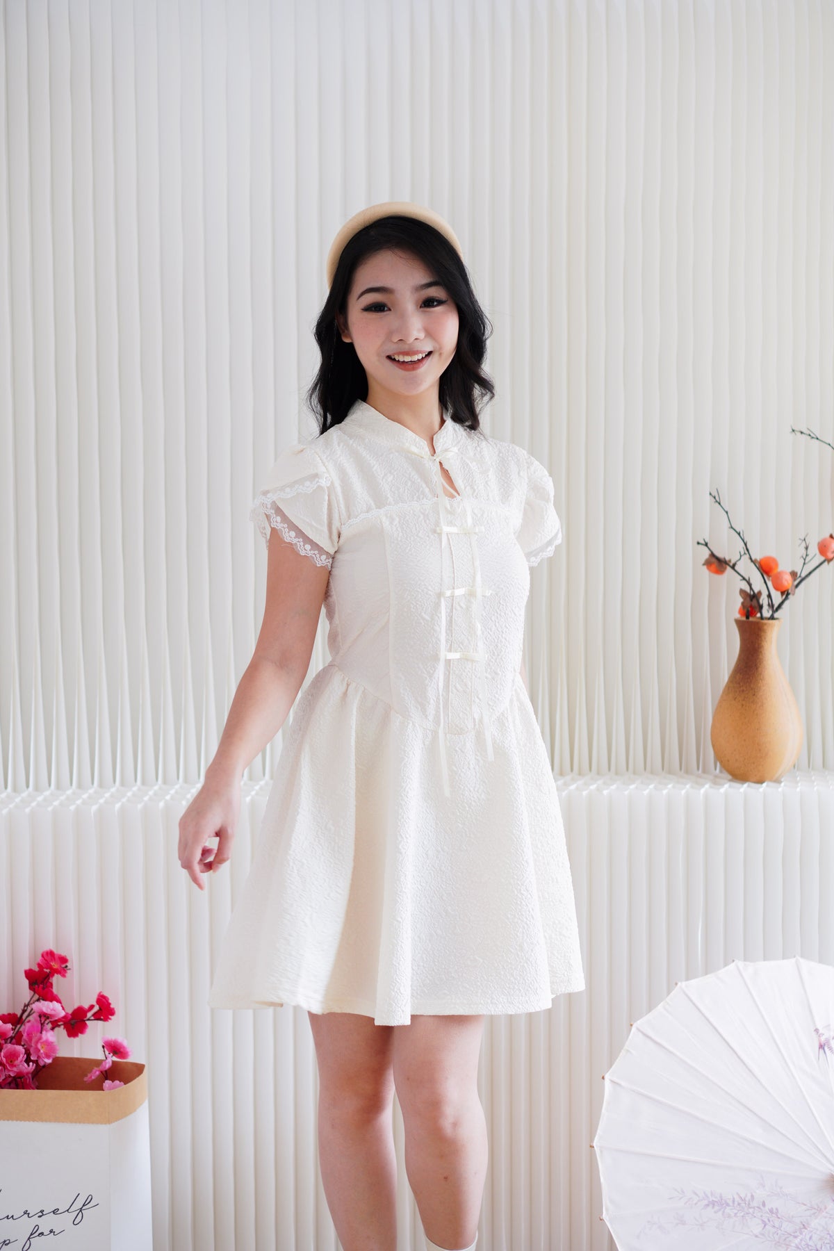 Kai Le Modern Cheongsam A-Line Mini Dress in Cream