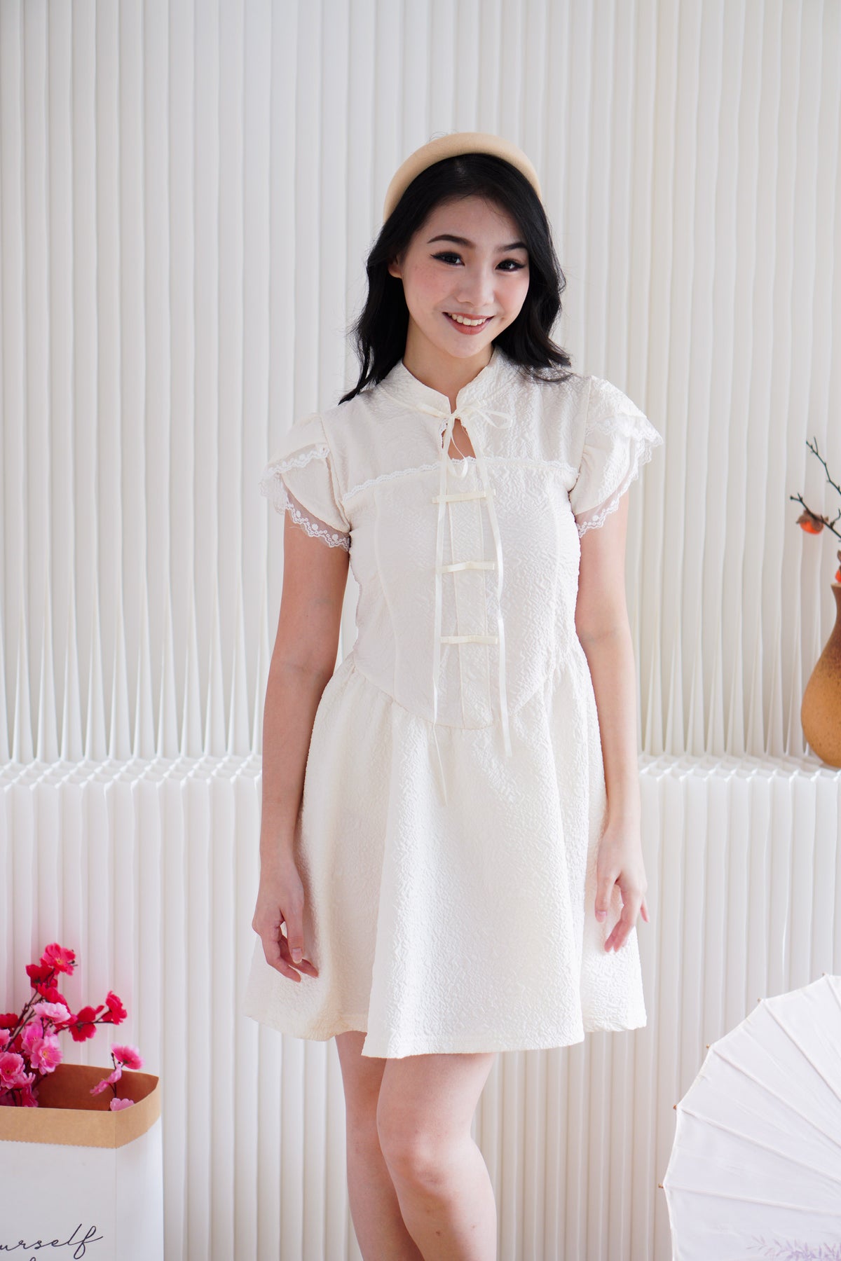 Kai Le Modern Cheongsam A-Line Mini Dress in Cream