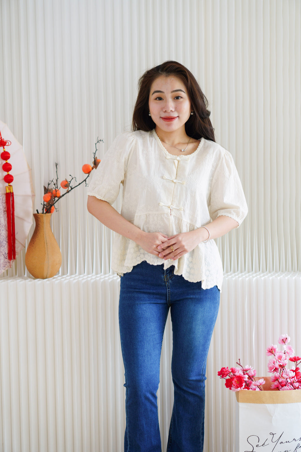 Xin Eyelet Lace Babydoll Top in Cream