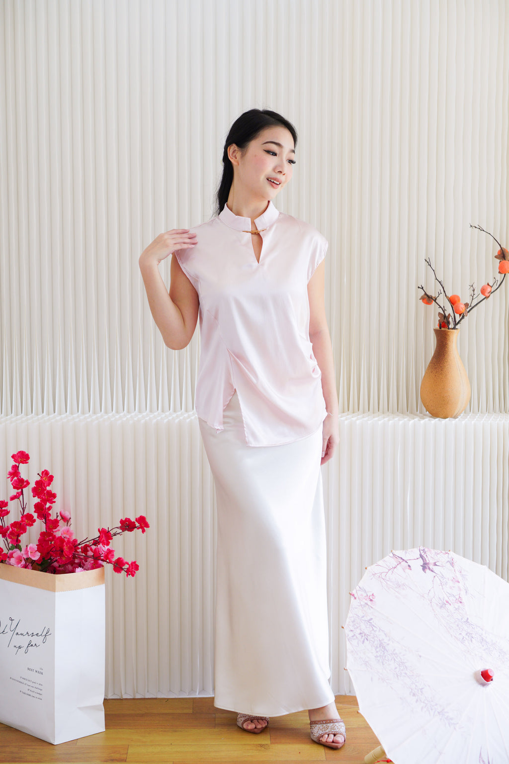 Ping Ni Cheongsam Satin Top in Pink