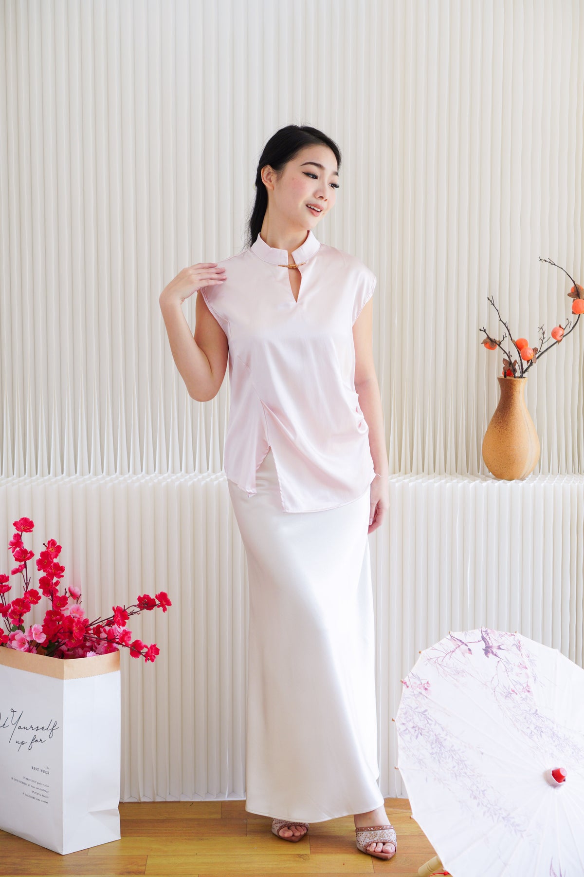 Ping Ni Cheongsam Satin Top in Pink