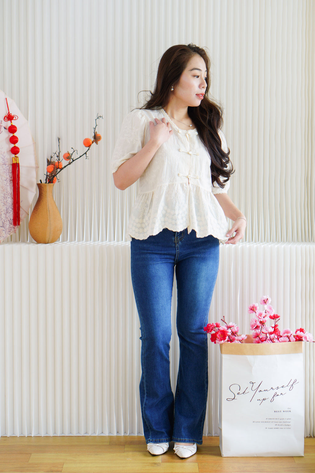 Xin Eyelet Lace Babydoll Top in Cream
