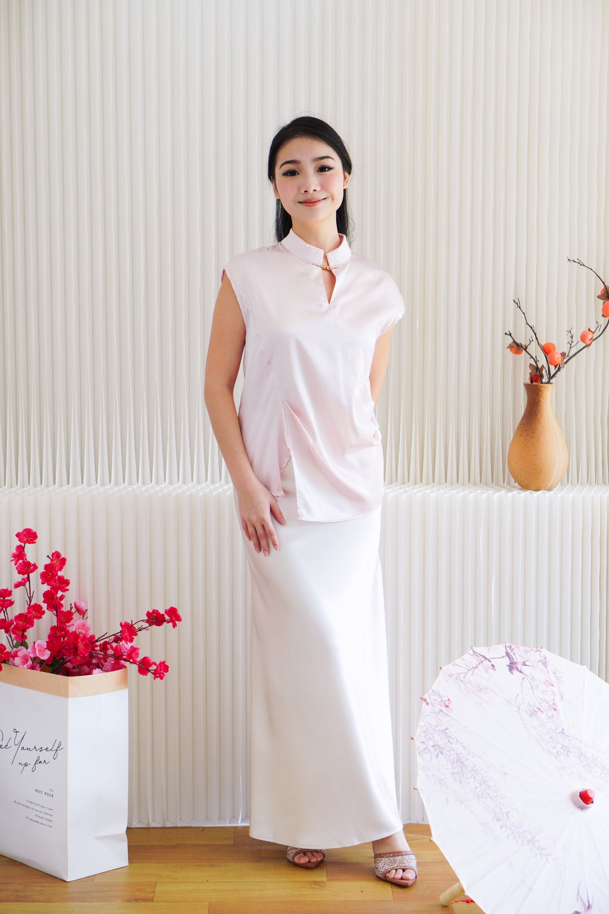 Ping Ni Cheongsam Satin Top in Pink