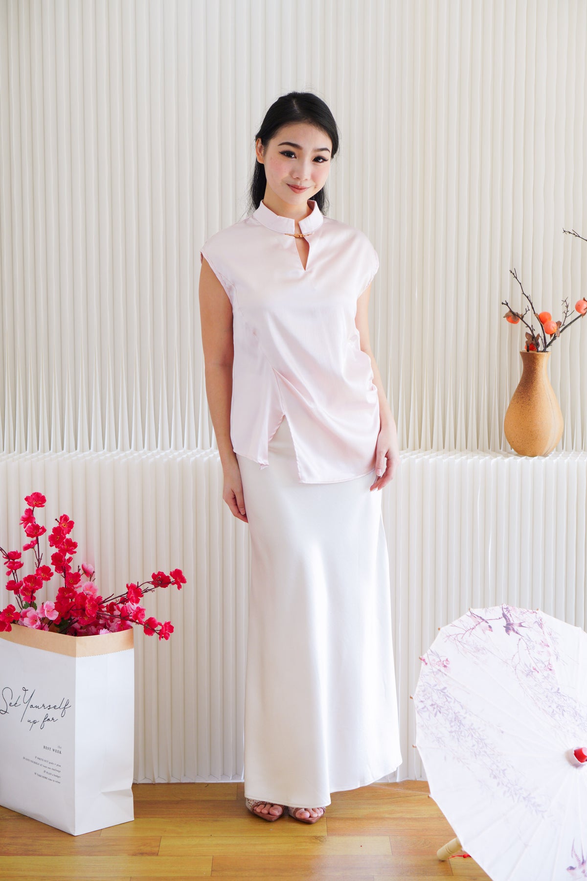 Ping Ni Cheongsam Satin Top in Pink