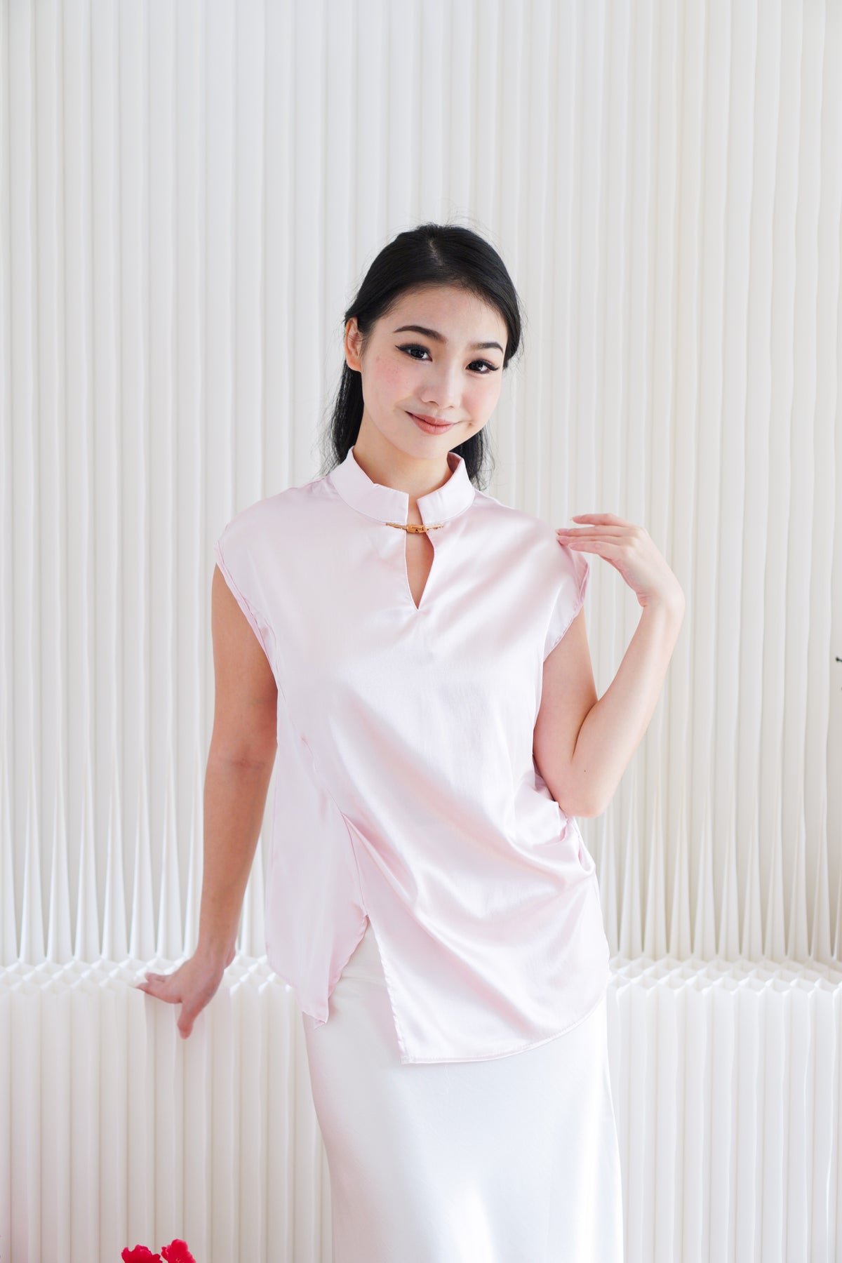Ping Ni Cheongsam Satin Top in Pink