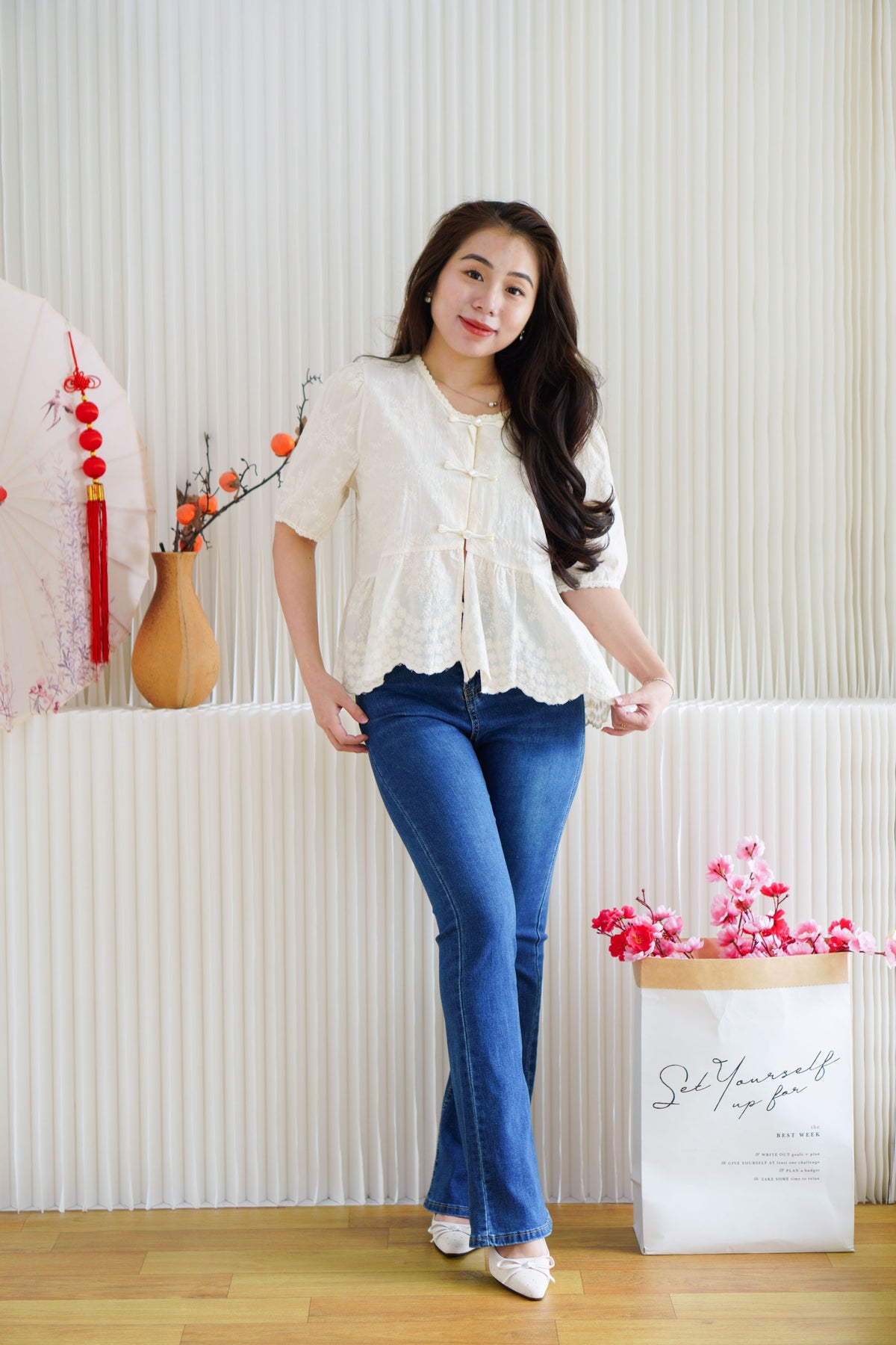 Xin Eyelet Lace Babydoll Top in Cream