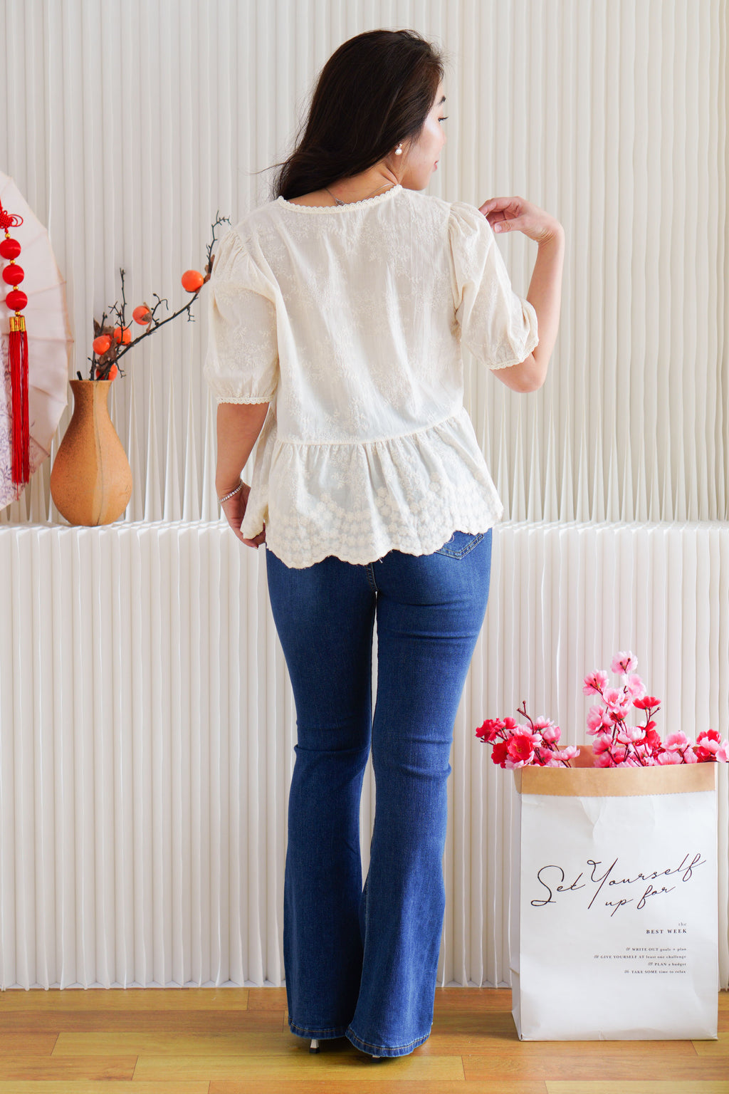 Xin Eyelet Lace Babydoll Top in Cream