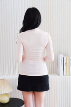 Kova Queen Anne Neckline Long Sleeve Top in Beige