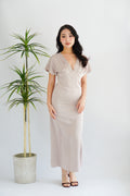 Ophie Deep V Satin Maxi Dress in Khaki Champagne