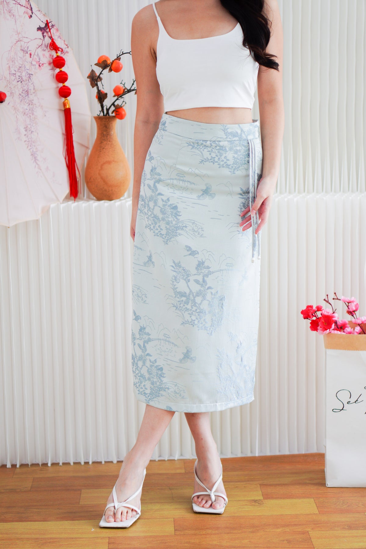 Cher Cheongsam Midi Skirt in Light Blue