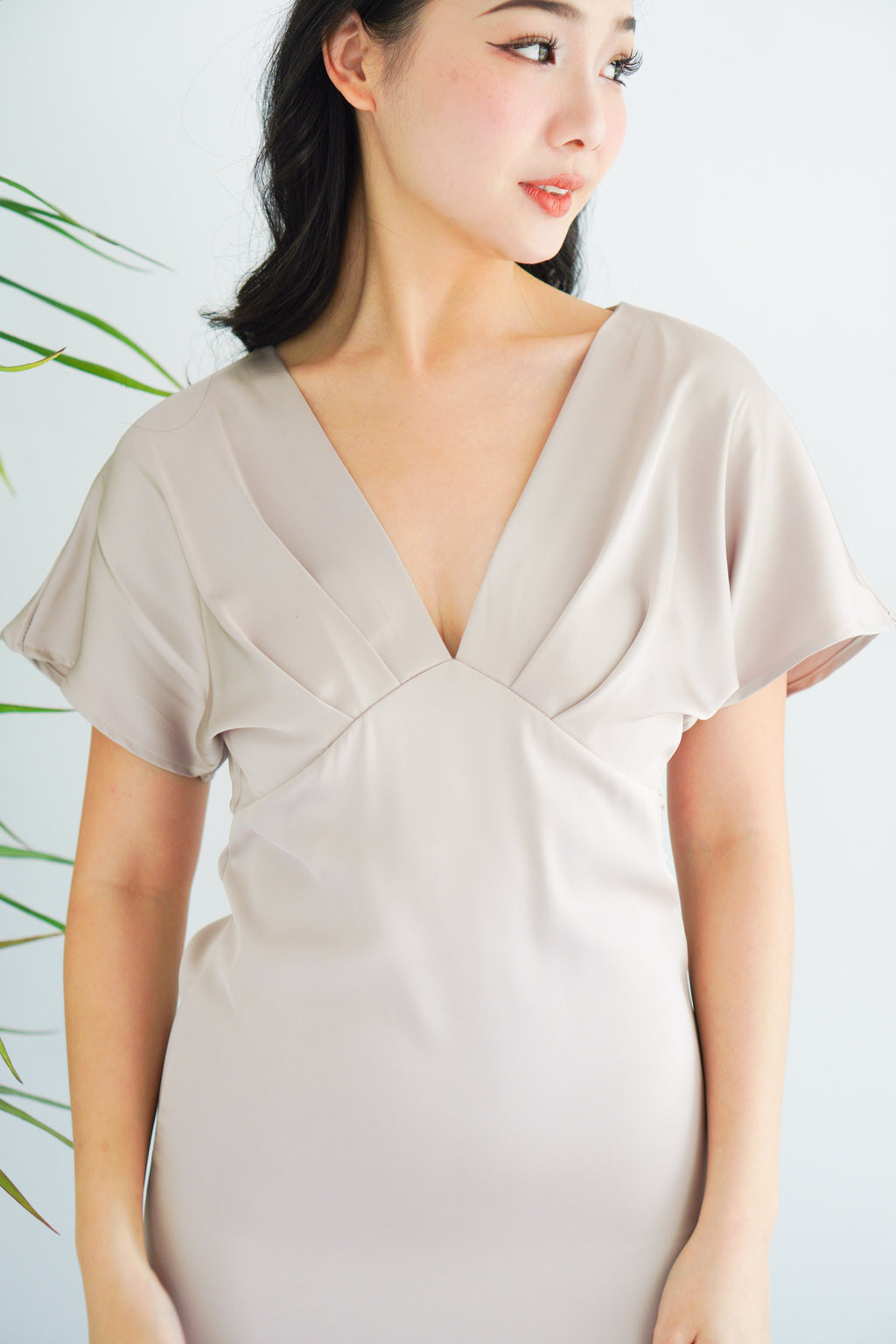 Ophie Deep V Satin Maxi Dress in Khaki Champagne