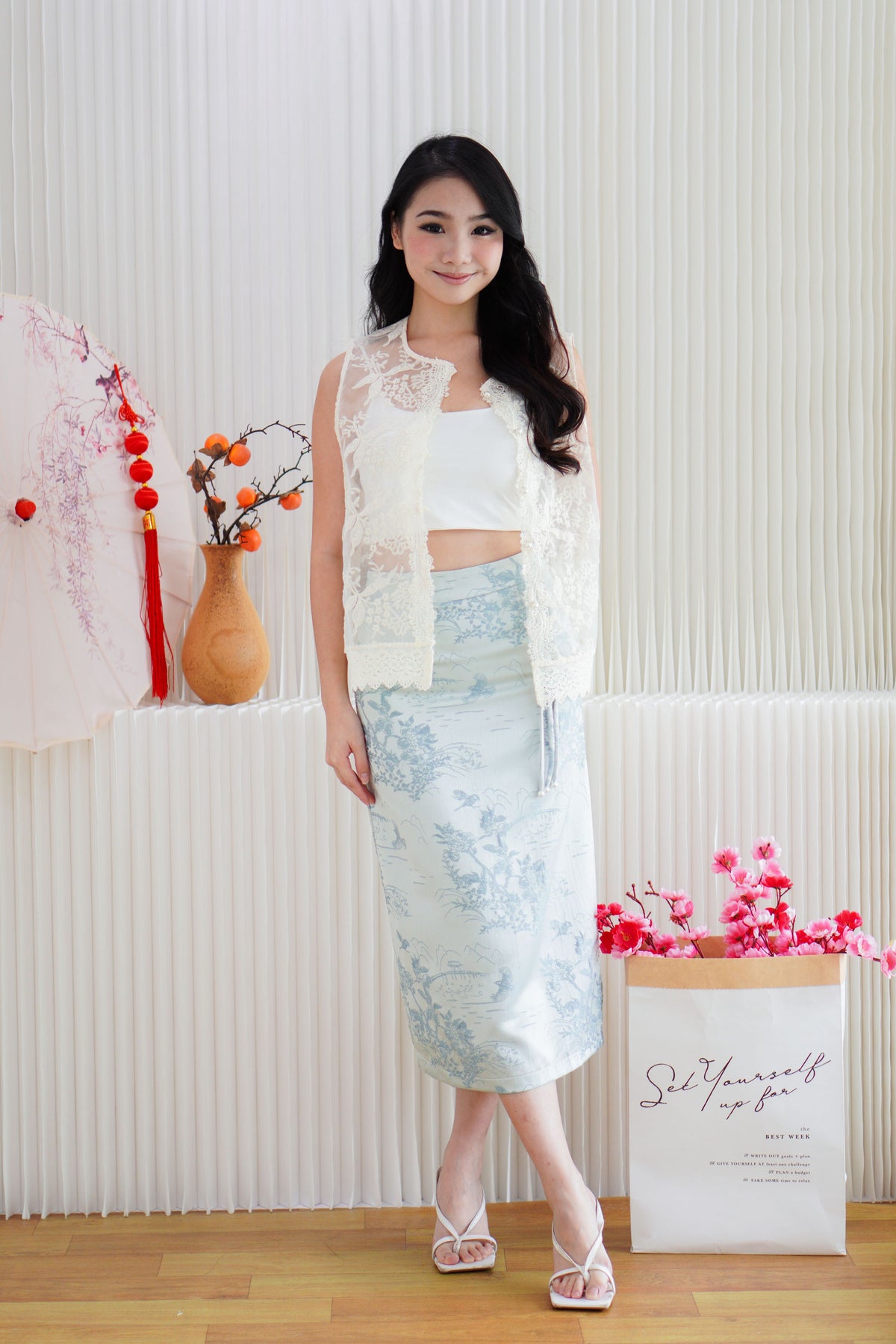 Cher Cheongsam Midi Skirt in Light Blue