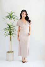 Ophie Deep V Satin Maxi Dress in Khaki Champagne