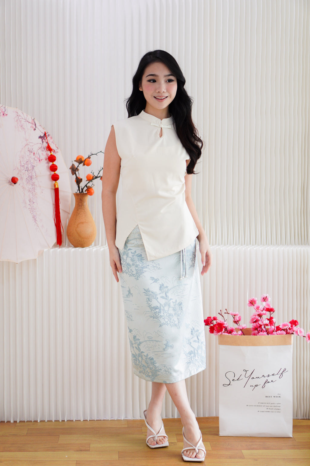Cher Cheongsam Midi Skirt in Light Blue