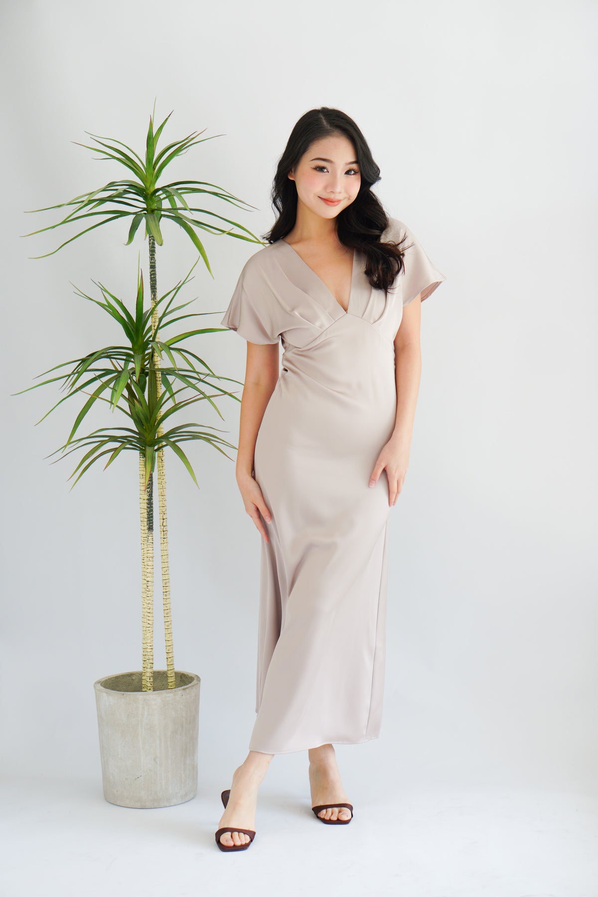 Ophie Deep V Satin Maxi Dress in Khaki Champagne