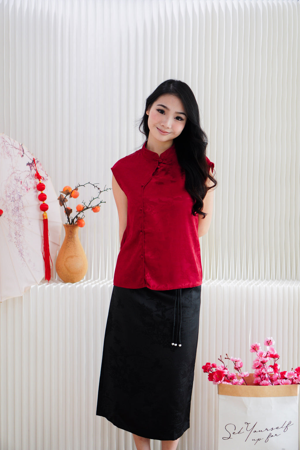 Jing Xi Cheongsam Satin Top in Red