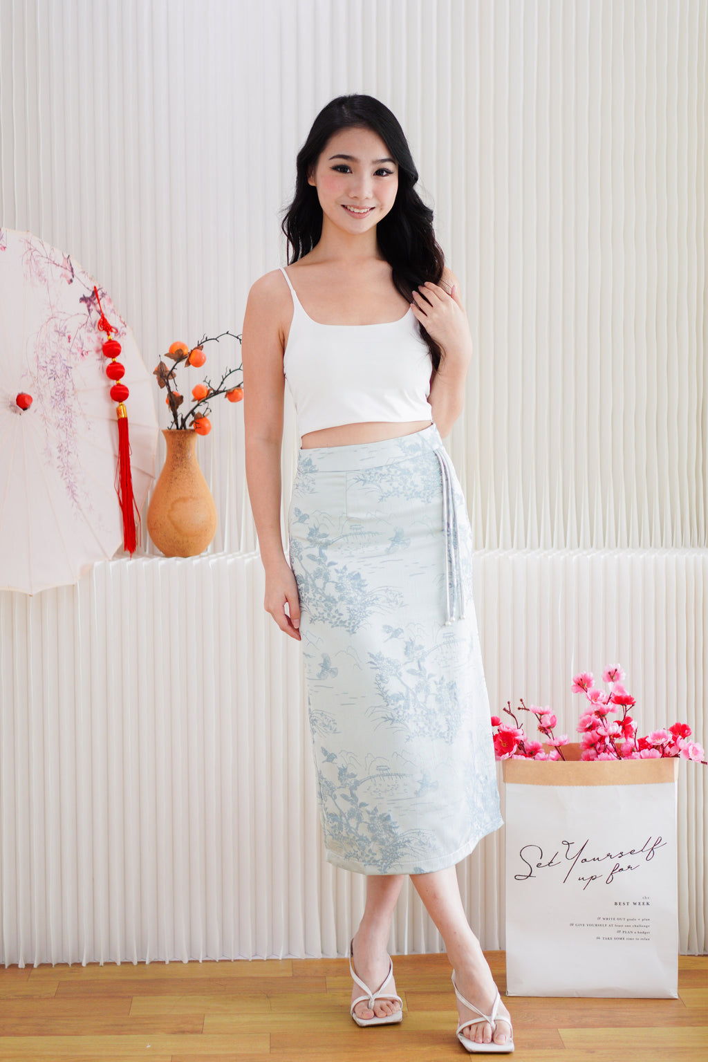 Cher Cheongsam Midi Skirt in Light Blue