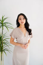 Ophie Deep V Satin Maxi Dress in Khaki Champagne