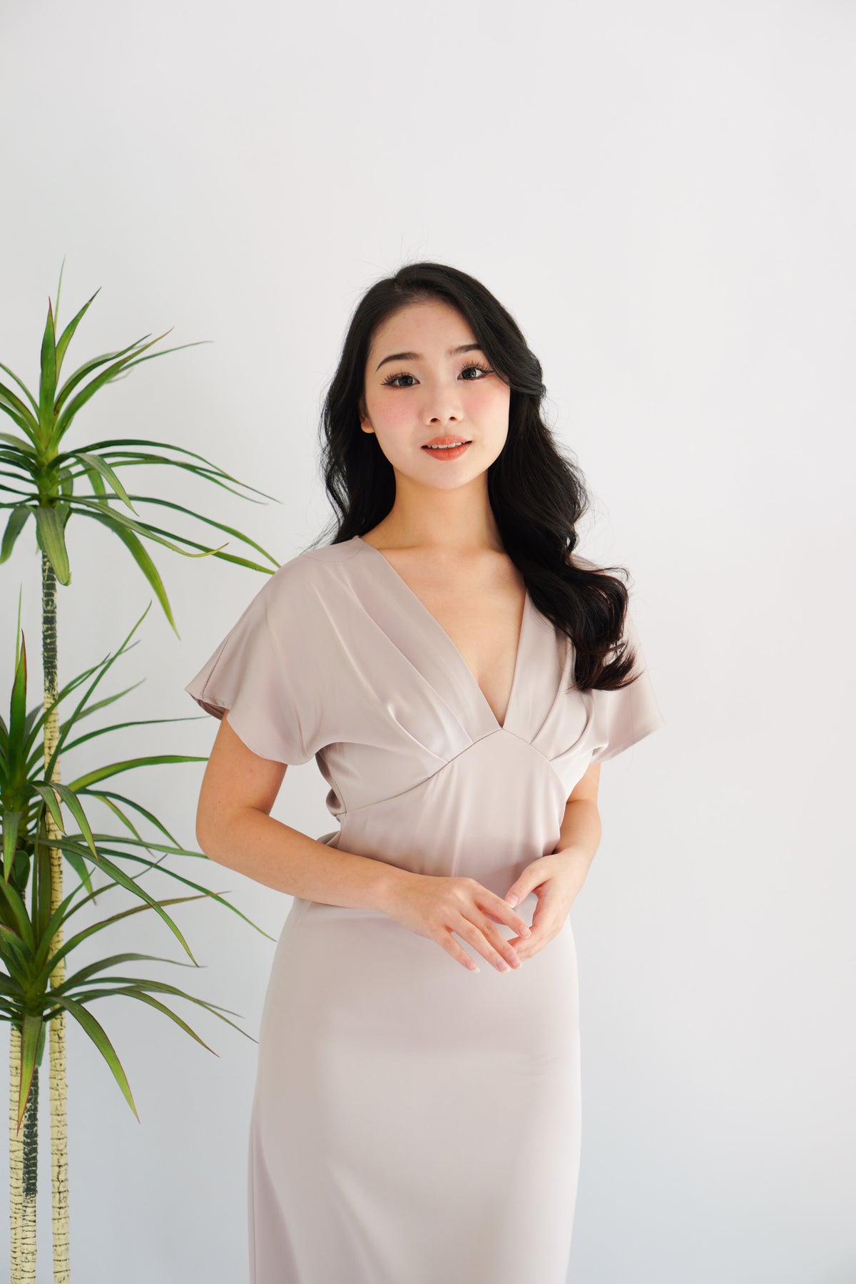 Ophie Deep V Satin Maxi Dress in Khaki Champagne