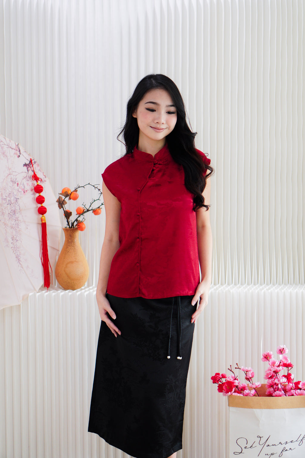 Jing Xi Cheongsam Satin Top in Red