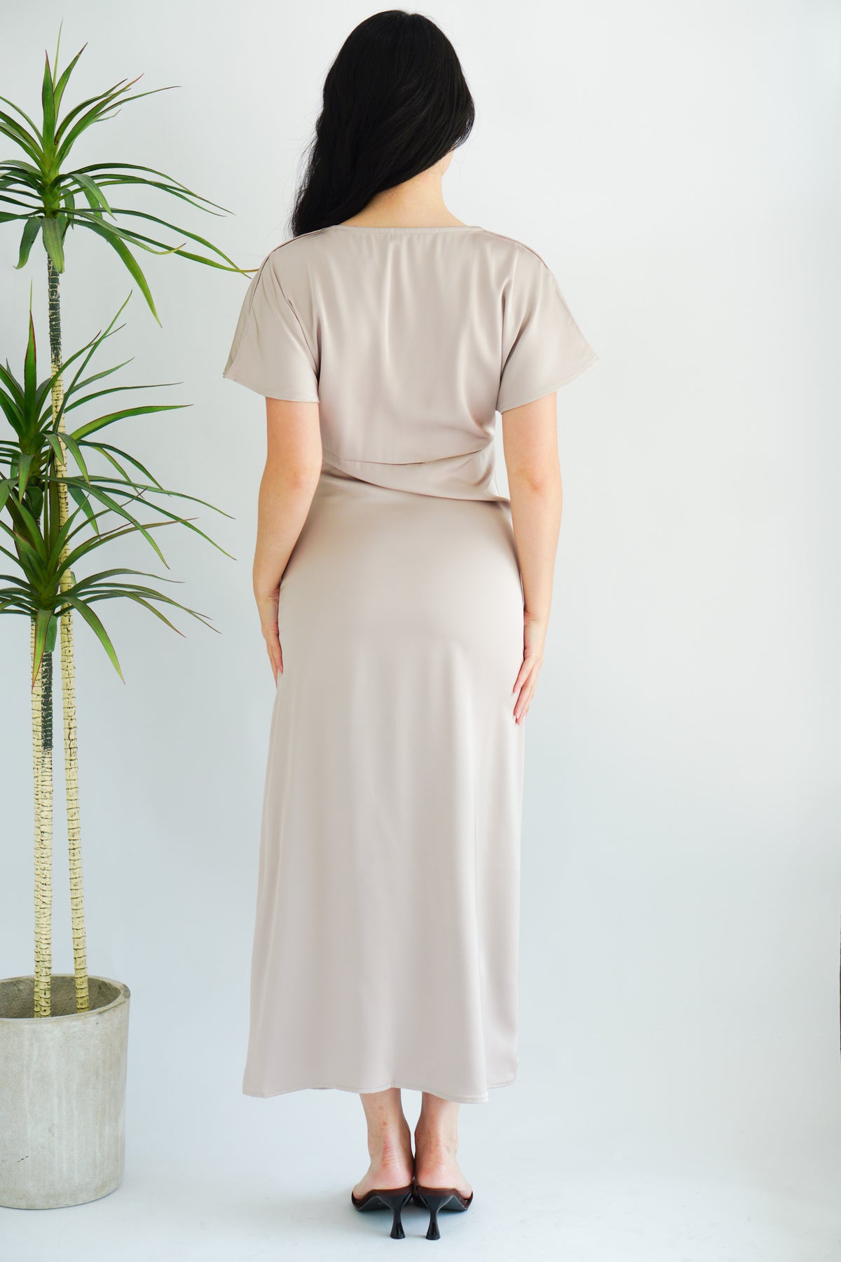 Ophie Deep V Satin Maxi Dress in Khaki Champagne