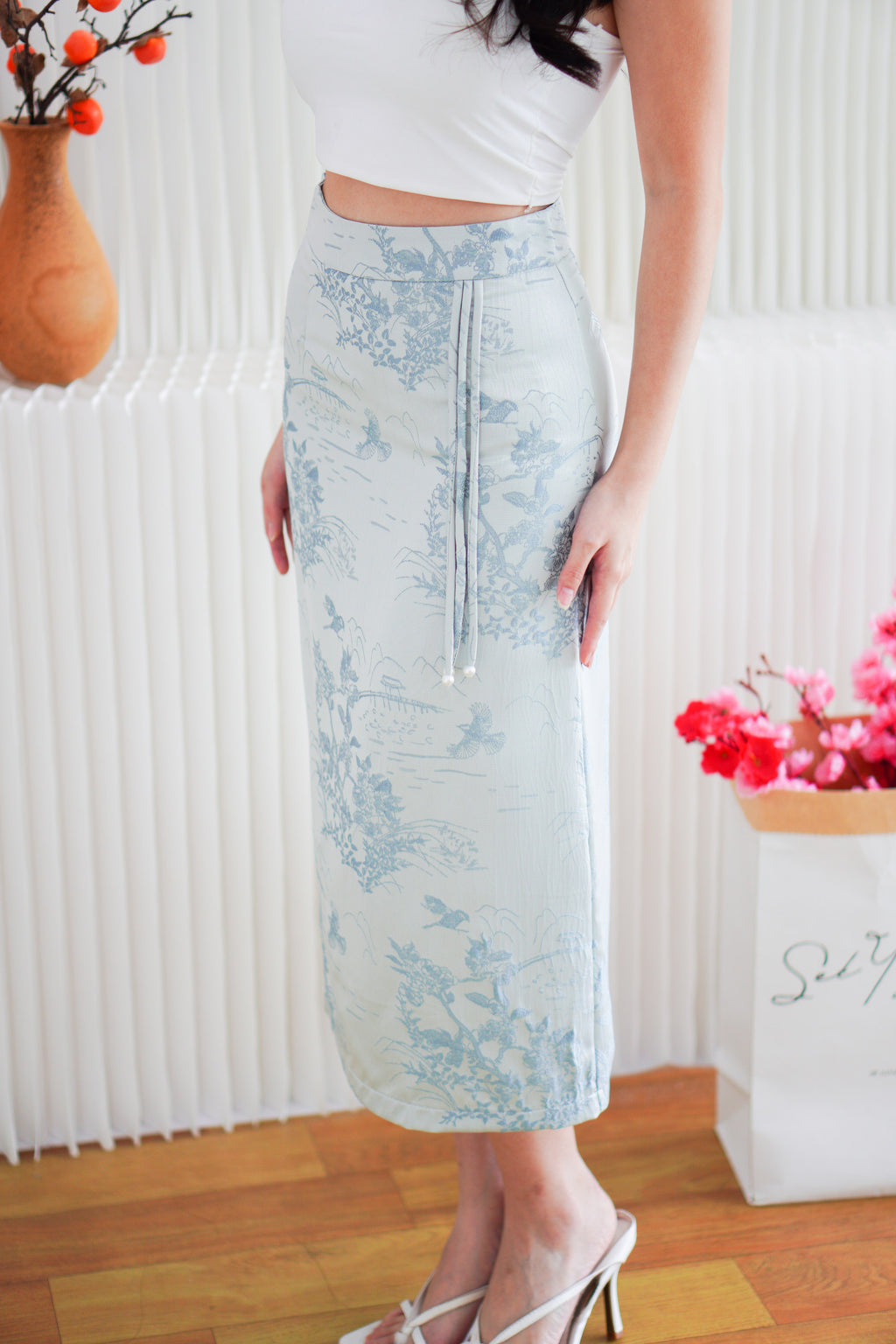 Cher Cheongsam Midi Skirt in Light Blue
