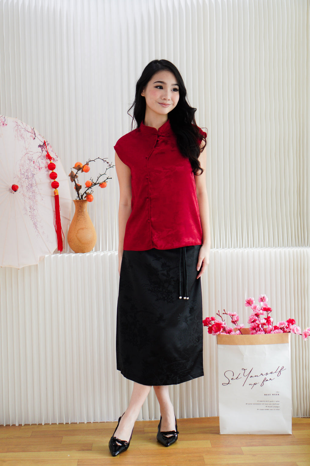 Jing Xi Cheongsam Satin Top in Red