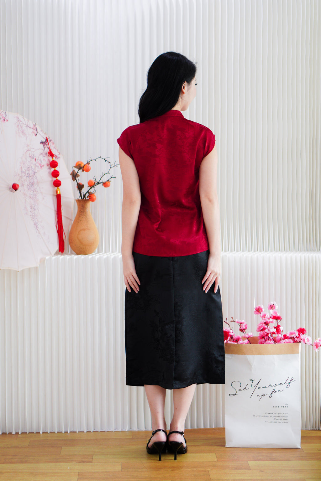 Jing Xi Cheongsam Satin Top in Red