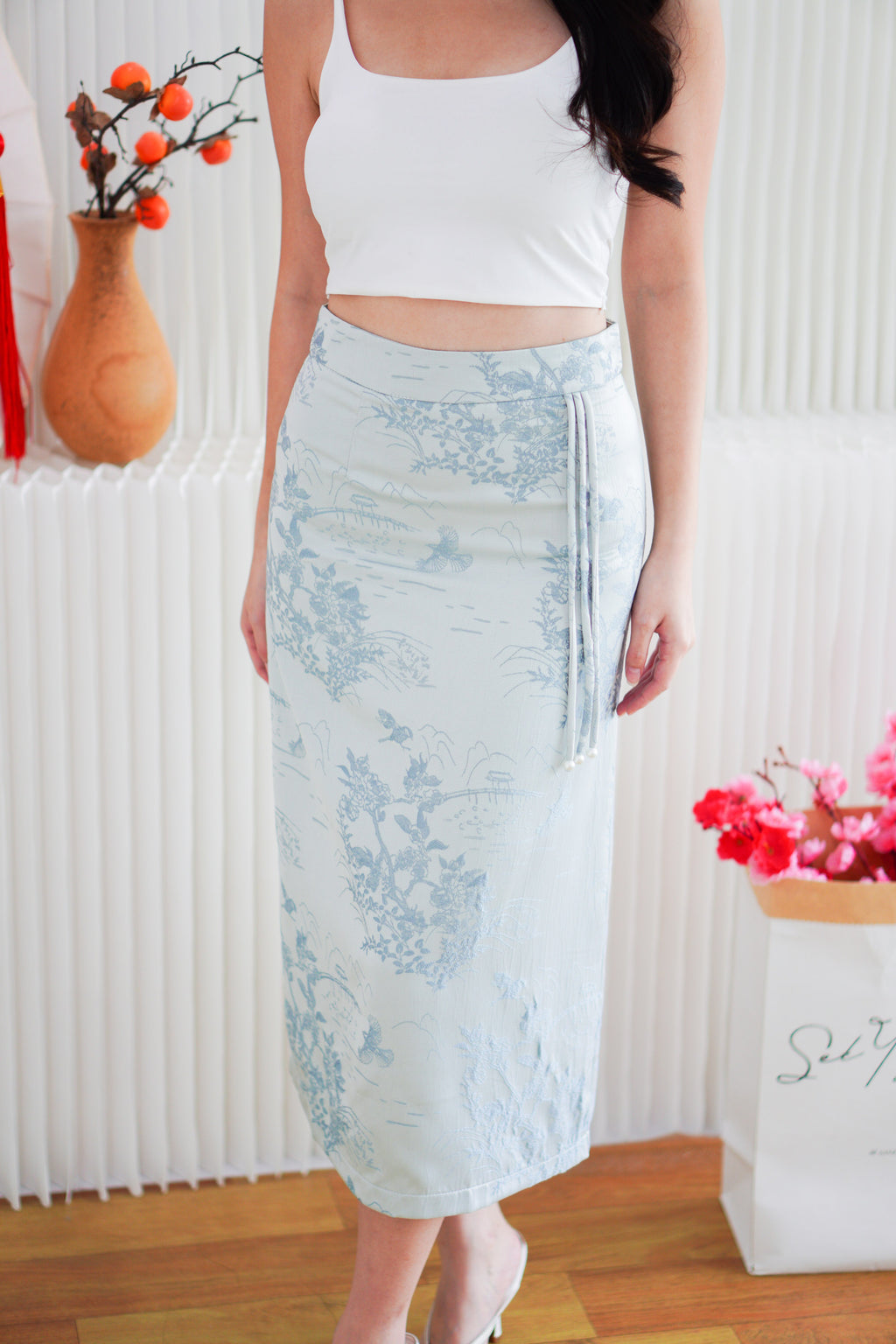 Cher Cheongsam Midi Skirt in Light Blue