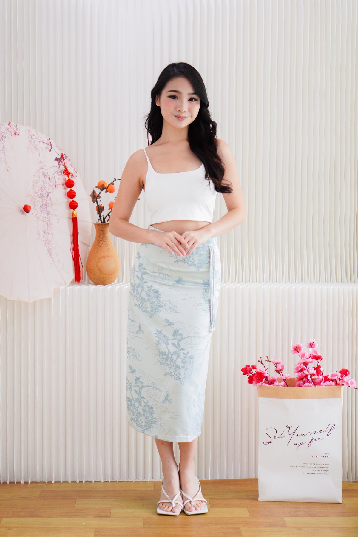 Cher Cheongsam Midi Skirt in Light Blue