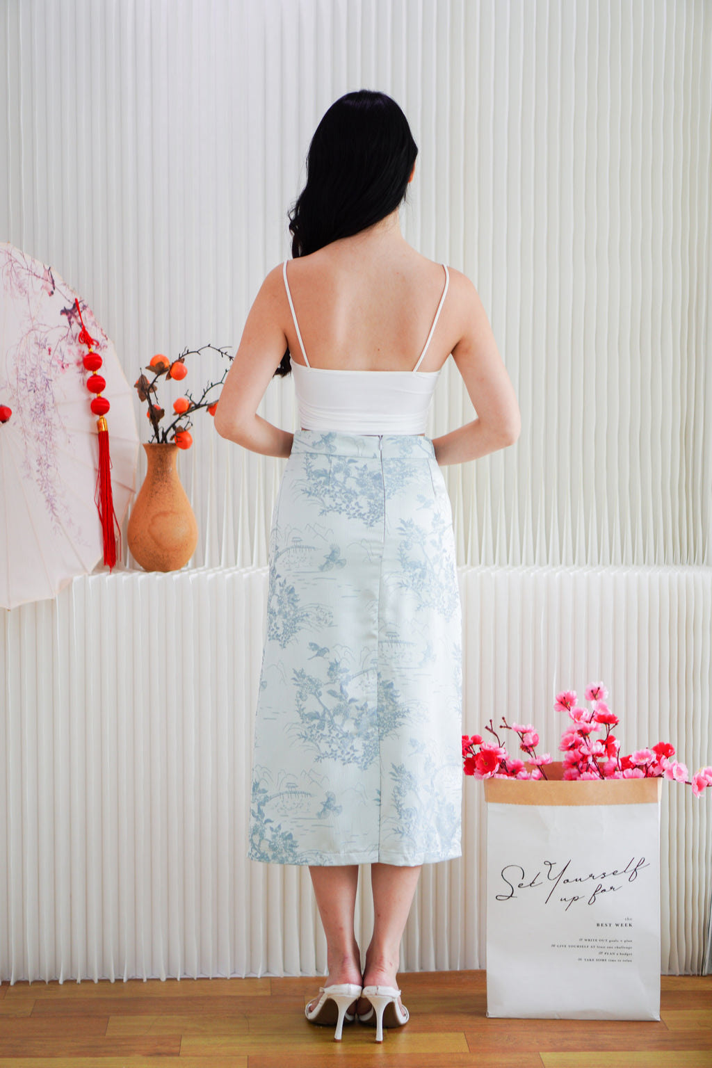 Cher Cheongsam Midi Skirt in Light Blue
