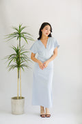 Ophie Deep V Satin Maxi Dress in Blue