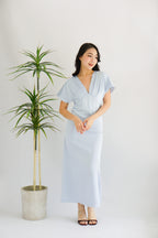 Ophie Deep V Satin Maxi Dress in Blue