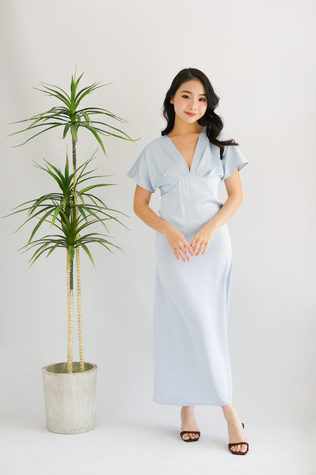 Ophie Deep V Satin Maxi Dress in Blue