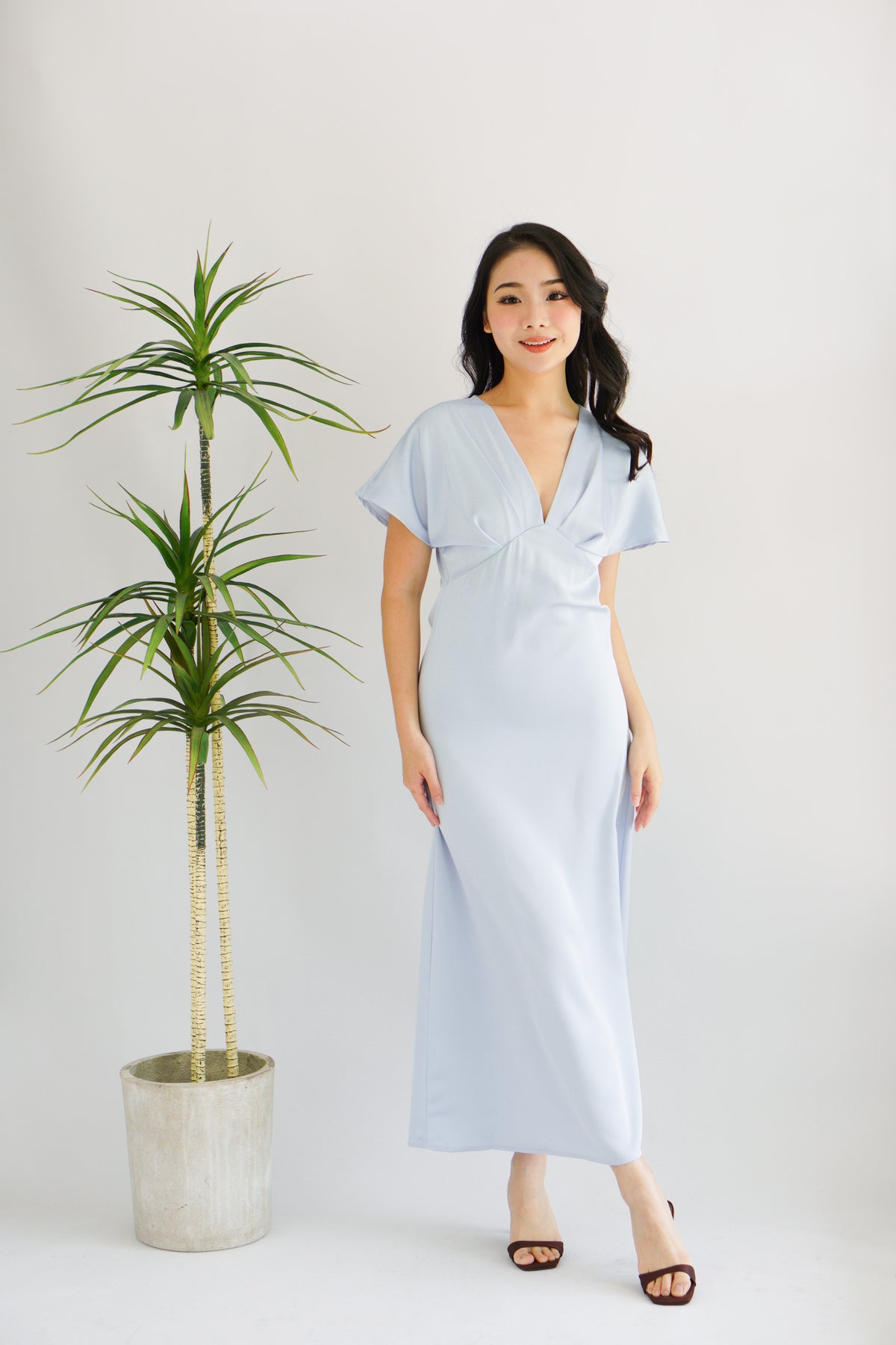 Ophie Deep V Satin Maxi Dress in Blue