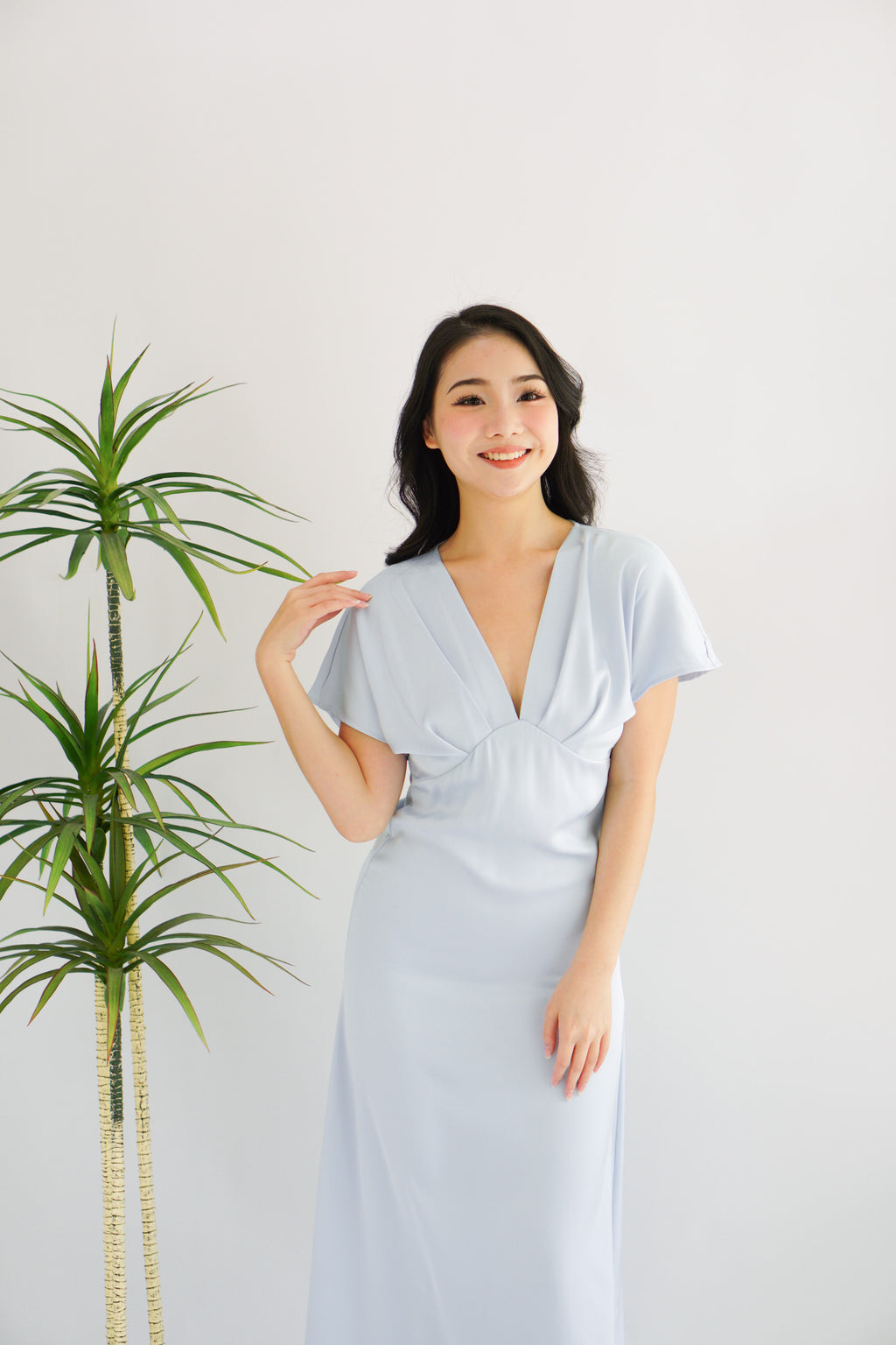 Ophie Deep V Satin Maxi Dress in Blue