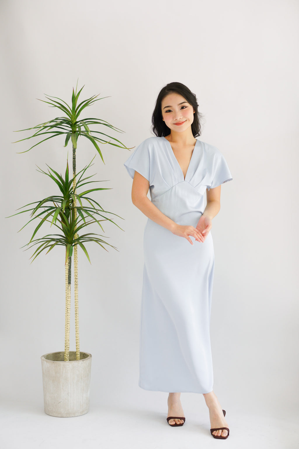 Ophie Deep V Satin Maxi Dress in Blue