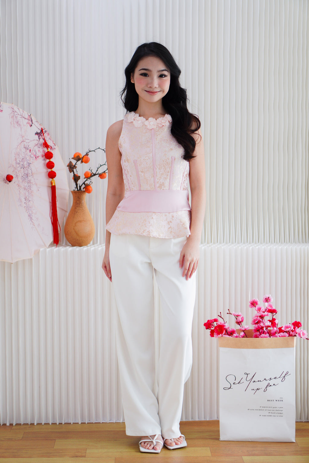 Xin Yao High Neck Peplum Top in Pink