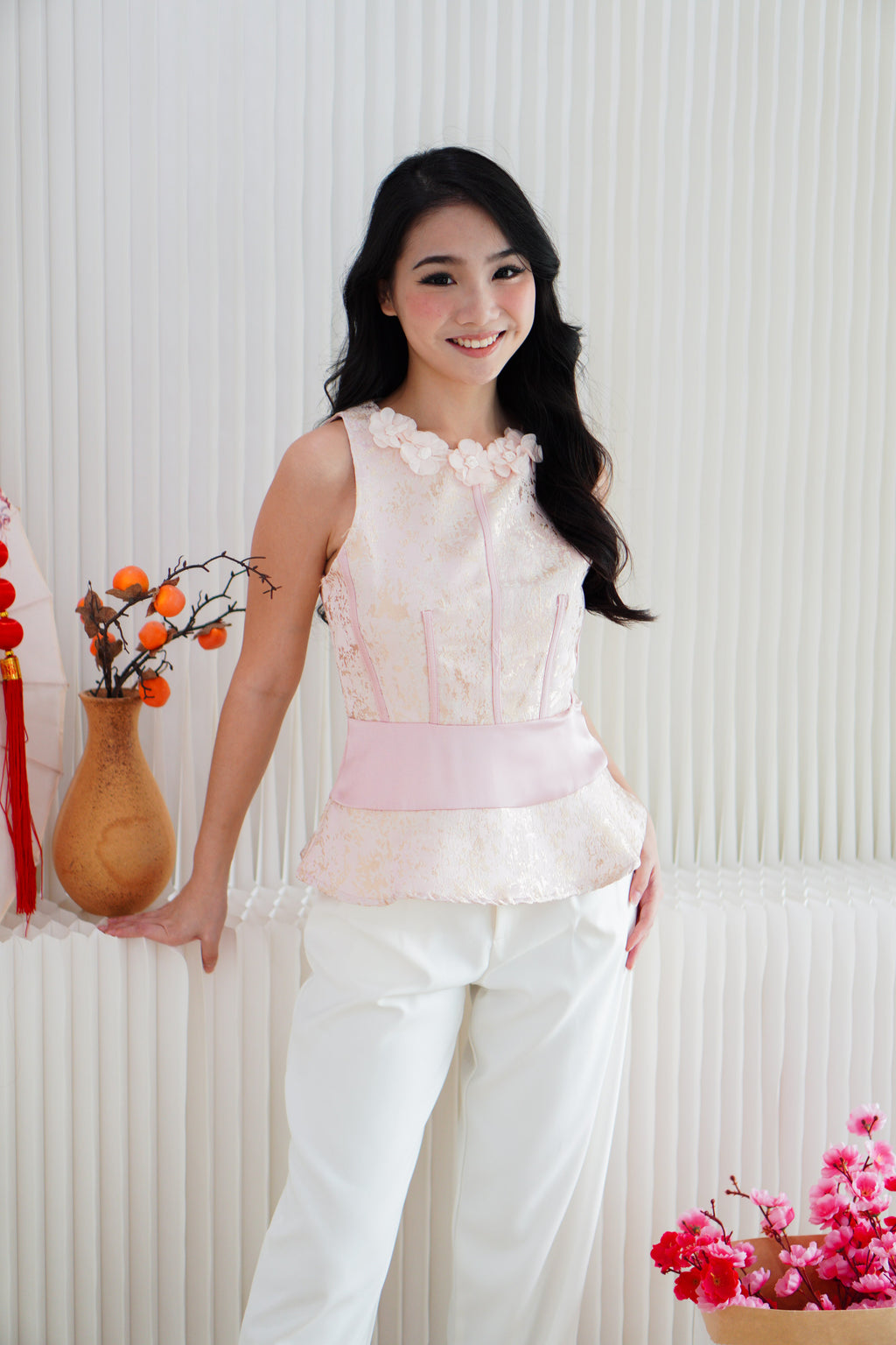 Xin Yao High Neck Peplum Top in Pink
