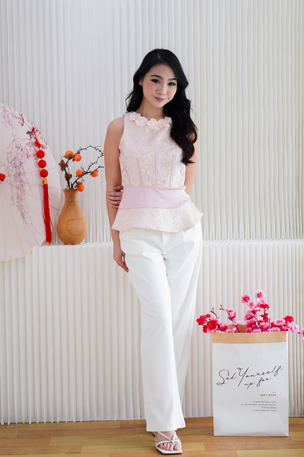 Xin Yao High Neck Peplum Top in Pink