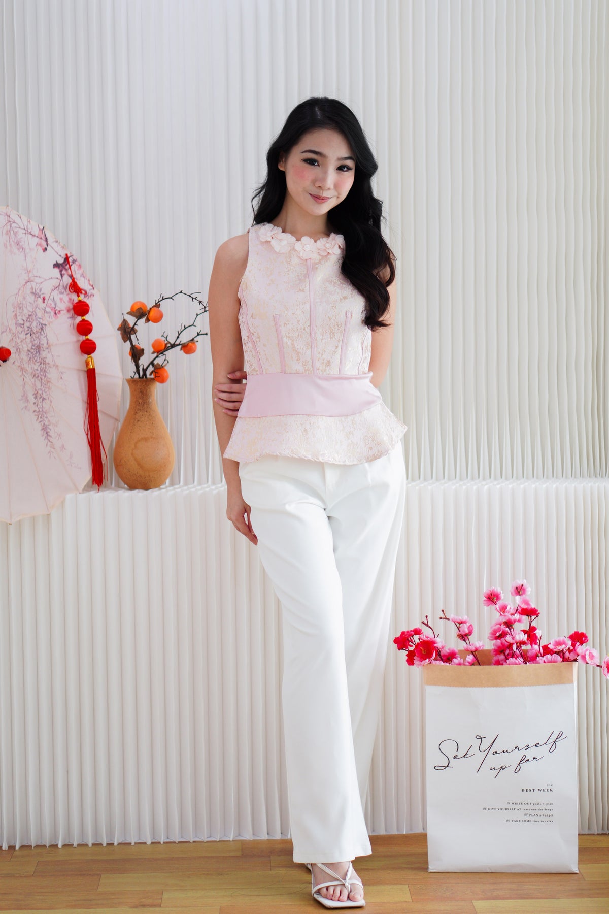 Xin Yao High Neck Peplum Top in Pink